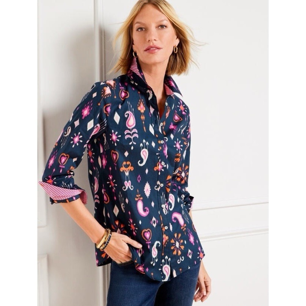 Talbots Modern Classic Shirt Ikat Paisley Button Up Blouse Size 3X EUC. Navy